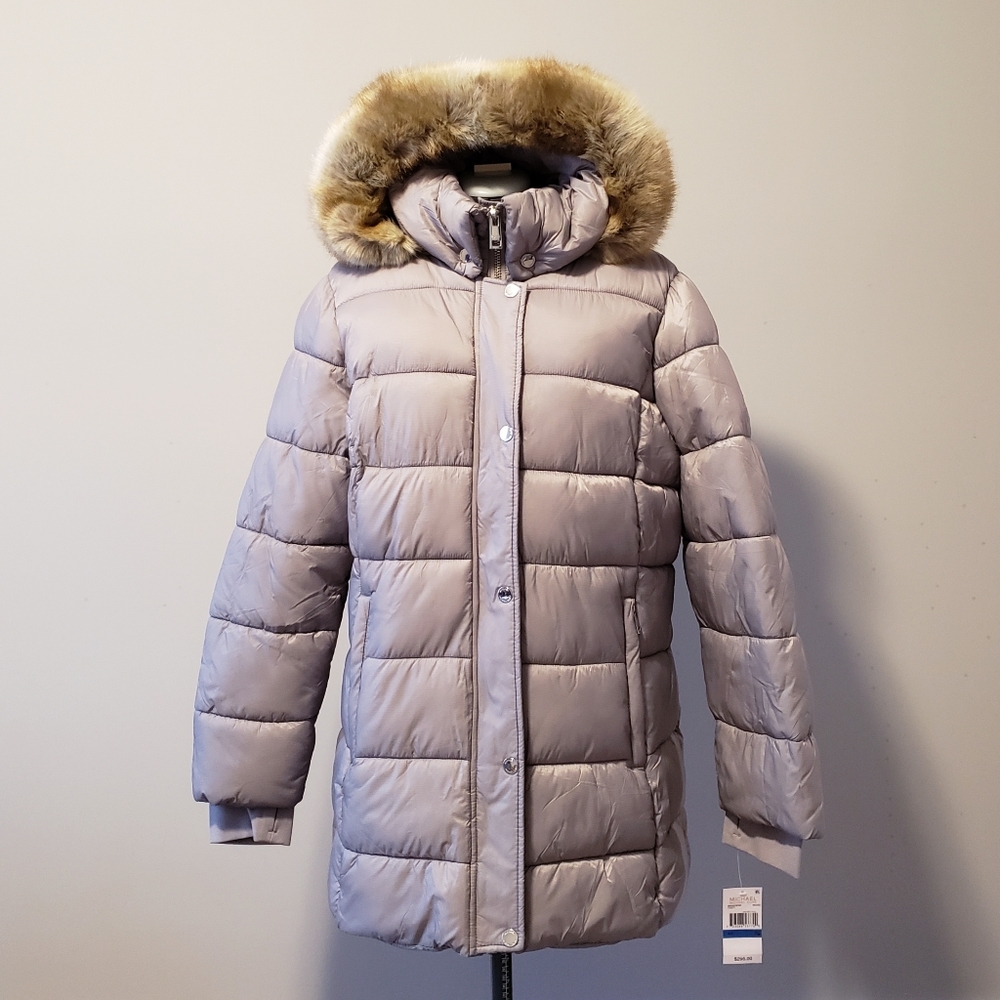 MICHAEL KORS Faux Fur Trim Hood A-Line Puffer Jacket, Nickel, Womens X-Large
